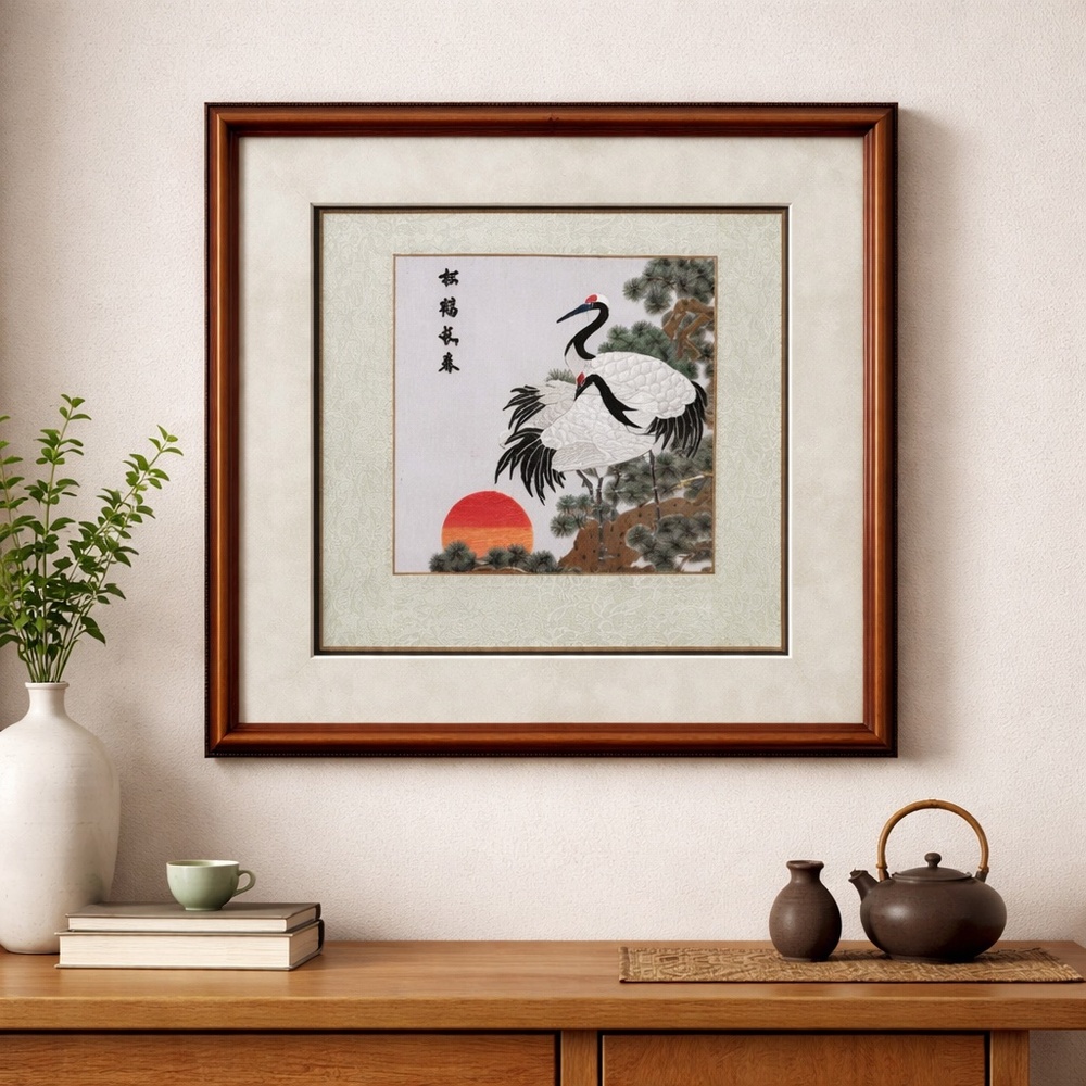 Chinese Silk Embroidery Cranes Longevity Art Framed